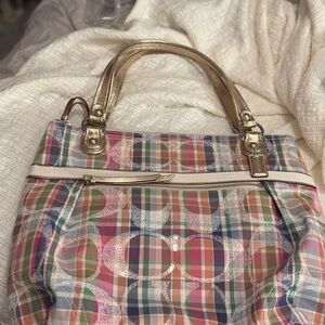 Coach Plaid Tote Bag with Gold Handles Hampton weekend patchwork